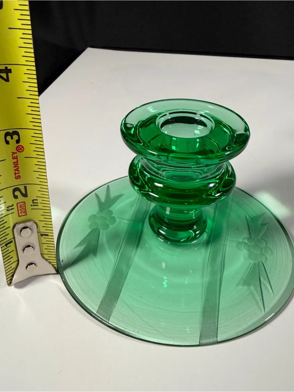Mismatched Fostoria pair of Green Glass Candle Holders, one etched glows,